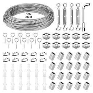 KOMABLEN 30M Cable Acier 3MM, 304 Cable Inox avec Tendeur Cable, Serre Cable Acier Enduit de PVC et Accessoires, Cable pour Rideaux Corde a Linge Treillis Plante Grimpante Exterieur, Rambarde (DESA NEGRILA SHOP S.R.L., neuf)
