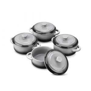 LOVECASA Mini Cocotte Individuelle en Grès pour four avec Couvercle - 4 X 380ml Petite Cocottes Ronde Ramequin Crème Brûlée pour la Cuisson - Passe au Lave-vaisselle - Gris Dégradé (Ø12.3 x H5.1 cm) (LOVECASA-Dinnerware and Kitchen Accessories, neuf)
