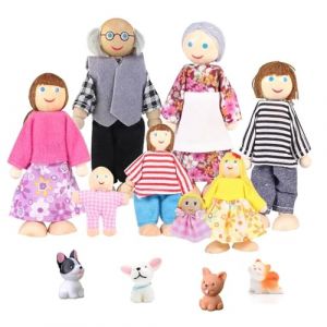 Ensemble Famille Poupées en Bois pour Maison, 8Pcs Personnages de Maison de Poupée avec Chat et de Chien pour Cadeau D'accessoires de Maison de Poupée (yeemeen, neuf)