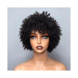 Perruques de cheveux humains Court Afro Boucl&eacute;s Perruques de Cheveux Humains Br&eacute;siliens Remy 99J avec Une Frange Perruques pour les Femmes Perruques pour femmes(Noir) (linjie20248, neuf)