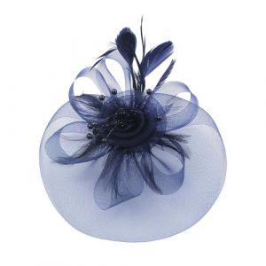 Chapeau bibi pour femme - Chapeau de mariage pour femme - Bandeau de fête de thé - Fleur de cocktail - Pince à cheveux en maille - Bleu marine - 16 cm (ZJens, neuf)