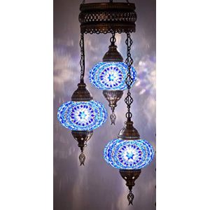 DEMMEX Lustre Turc en Verre Mosa&iuml;que &ndash; Suspension Orientale &agrave; 3 Boules, Verre Fait Main &Oslash;18 cm, Luminaires Artisanaux pour Salon, Chambre ou Entr&eacute;e (Bleu) (DEMMEXUK, neuf)
