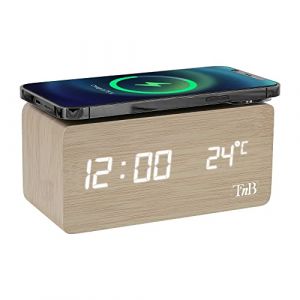 T'nB - Réveil Dynamo avec Chargeur Induction 10W, 3 Alarmes Programmables, Température, Luminosité Réglable, Mode Week-End, Horloge Numérique Effet Bois - Couleur Bois (T'nB, neuf)