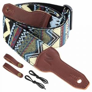 Nefelibata Sangle de guitare pour banjo, 5,1 cm de large, en cuir de vachette pleine fleur, réglable, sangle de guitare multi-motifs avec corde de tête et bandeau en cuir (quadrilatéral bohème) (QianYu EU, neuf)