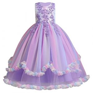 IWEMKE Enfants Filles Robe Mariage Tulle Dentelle Robe Princesse Longue Fleur Brod&eacute;e Soir&eacute;e Demoiselle d'honneur Robe Tutu sans Manches pour Pageant Bapt&ecirc;me Carnaval Violet Color&eacute; Volant 9-10 Ans (IWEMEK, neuf)