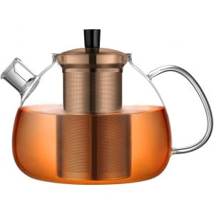 ecooe Théière en Verre avec Infuseur 1500ml, Théière en Verre Clair Résistant à la Chaleur, Theiere Verre avec Infuseur Amovible en Acier Inoxydable(Couleur cuivre), pour Thé Noir Thé Vert Thé Parfumé (Reapow Store, neuf)