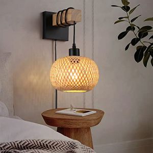SUNLLOK Applique murale moderne en bambou avec interrupteur à câble - Panier en rotin - Lustre à suspendre - Éclairage mural intérieur en bois tressé pour île de cuisine, salon, restaurant (SUNLLOK, neuf)