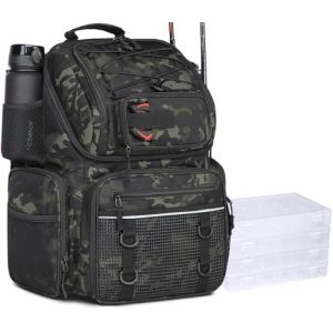 FRETHIND Sac à Dos de pêche avec boîtes (incluses), Mallette de 45 L avec Compartiment Isotherme, boîte de Rangement étanche – Grand Sac à Compartiments réglables, Sacs de Canne à pêche (Camouflage) (LICHU Direct, neuf)