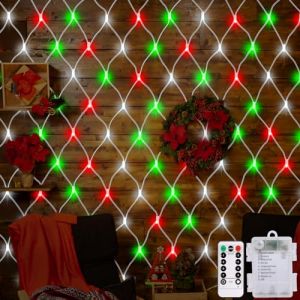 CCILAND Filet lumineux de No&euml;l rouge, blanc et vert, 1,5 m x 1,5 m, 100 DEL, filet lumineux &agrave; piles avec t&eacute;l&eacute;commande, 8 modes, &eacute;tanche, pour arbustes, jardin, cl&ocirc;ture, mur, d&eacute;cor de f&ecirc;te, mariage (CheerLong, neuf)