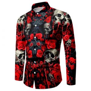 WAZHAKU Costume de carnaval pour homme - Chemise d&eacute;contract&eacute;e - T&ecirc;te de mort - Rose - Imprim&eacute; 3D - Manches longues - Boutonni&egrave;re hawa&iuml;enne - Vintage - Avec col montant - Chemise de plage ample (wealt You, neuf)