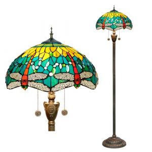Lampadaire Tiffany Lampes en verre color&eacute; pour Salon Chambre Bureau Rustique Angle Debout Haute Lumi&egrave;re Vintage Enfants Unique Pulling Chain Vert Dragonfly Style &Eacute;clairage (oufutify, neuf)