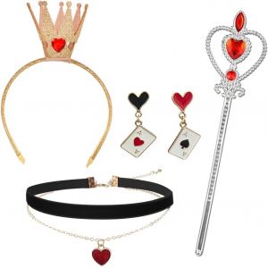 FDEETY 4 Pi&egrave;ces Costume de Reine de Coeur Inclus couronne dor&eacute;e C&oelig;ur Baguette Collier ras du cou Boucles d'Oreilles Dress Up Accessoires de Filles pour Carnaval Halloween Cosplay (gold B) (DAA HIGH BIZZ, neuf)