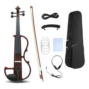 WUQIMUSC Violon électrique 4/4 de taille normale, silencieux, corps en bois massif, fixations en ébène avec étui, archet, casque, câble, cordes pour étudiants, débutants et adultes (rouge vin) (amzyinfente, neuf)