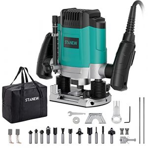Défonceuse Verticale Electrique 1200 W 16000-30000 RPM STANEW, Profession Fresatrice Verticale avec Set de 12 fraises,6 Vitesses, Réglage de la Profondeur de Fraisage. (TRIGGIVETA, neuf)