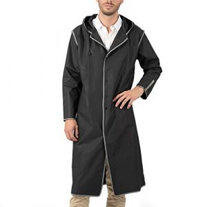 PERLETTI Imperméable Homme Femme Transparent Détails Réfléchissants - Poncho Pluie Long Capuche et Boutons - Veste Coupe Vent Etui Etanche - Anorak Réutilisable Léger (Noir Bordure Réfléchissante, M) (PERLETTI, neuf)