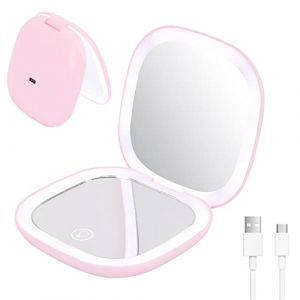 ZAKVOP LED Miroir de Poche, Grossissant x10 Miroir Maquillage Lumineux, Miroir de Voyage Réglable de Couleur Claire, Miroir a Main Rechargeable, Petit Miroir de Poche Pliable(Rose) (BenNiTe, neuf)