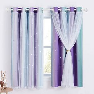 NICETOWN Rideau Occultant Enfant - Rideau Bleu Etoiles Ciselées Perforées Thermique Draperies Lumineux Bloquer pour Enfant Chambre, L 132 x H 160 cm, Bleu + Violet, Lot de 2 (RYB HOME EU, neuf)