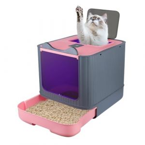 Bac à Litière pour Chat, Désinfection UV Bac à Litière Pliable pour Chaton avec Couvercle, Structure en dôme bac à Litière Fermé pour Chat, WC pour Chats avec Pelle (Forme de Chat-Rose) (qhtxzyh, neuf)
