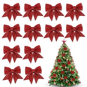 Yimomoyi Noeud Rouge Noel, 12 Pièces Noeud Sapin Noel 12x14cm, Noeud Rouge Sapin de Noel, Noeud Noel Arcs de Noël Pailletés, Décorations de Noël pour Portes, Fenêtres, Jardins (YIMOMY, neuf)