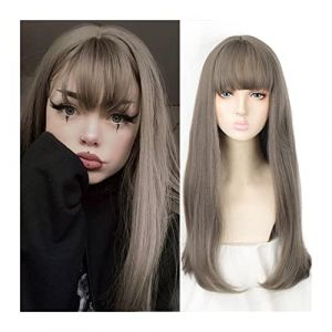 Perruque Naturel Perruque de cheveux longs raides synth&eacute;tiques gris lin Cosplay perruques quotidiennes avec frange d'air 23 pouces perruque de f&ecirc;te r&eacute;sistante &agrave; la chaleur d'aspect naturel Perruque Co (zengfanjunuk, neuf)