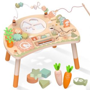 Table d&rsquo;activit&eacute;s pour b&eacute;b&eacute; de 1 an, table sensorielle en bois avec labyrinthe de perles, formes &agrave; trier et circuit de train, jouet Montessori ferme, jouet &eacute;ducatif pour enfants de 12 mois (Nature) (Yilinec, neuf)