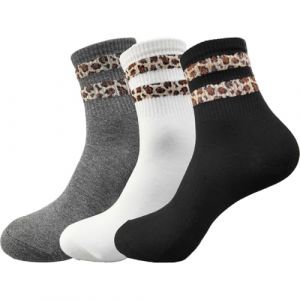 PYEUIFT 3 Pièces Chaussettes Femme à Imprimé Léopard Chaussettes de Tennis Femme Chaussettes Sport Chaussettes mi-mollet Femme(2) (tulan4820208, neuf)