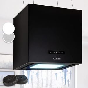 Klarstein Hotte Aspirante Ilot Central de Cuisine Silencieuse et Design, Débit d'air 595m³/h, Minuteur, 3 Modes, Contrôle via Application Mobile, Hotte Aspirante Suspendue Sans Evacuation et Charbon (Klarstein France, neuf)