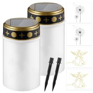 Lot de 2 lanternes fun&eacute;raires solaires &agrave; LED avec piquet de terre, lanterne solaire r&eacute;sistante aux intemp&eacute;ries, pour l'ext&eacute;rieur, bougie de cimeti&egrave;re LED sans flamme, avec batterie, minuterie (ziwenChenRong, neuf)