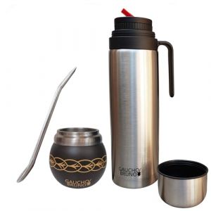 Gaucho Bruno - Mate en acier inoxydable pour boire du Yerba Mate | Maintient la temp&eacute;rature des boissons | Avec Bombilla et thermos de 1 litre avec bec verseur de pr&eacute;cision pico Cebador (Uru-Shop, neuf)