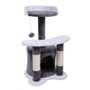 Wiltec Arbre à Chat - 67 cm de Haut - Design ludique Balle de Jeu - Meuble grattage félin Peluche - Couleur Gris-Blanc - Grattoir griffoir avec Maisonnette, sisal, Niche et Plate-Forme (Wiltec Wildanger Technik GmbH, neuf)