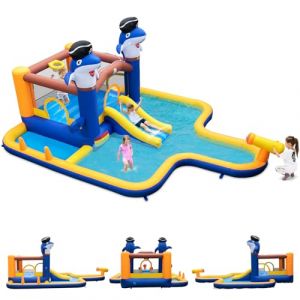 GOPLUS 7 en 1 Château Gonflable Enfants Aquatique avec Piscine, Toboggan, Jeu de Boxe, Canon à Eau, Trampoline, Piscine, Parc Aquatique pour Tout-Petit 3-10 Ans Charge 45+45KG(sans Souffleur) (Augenstern24, neuf)