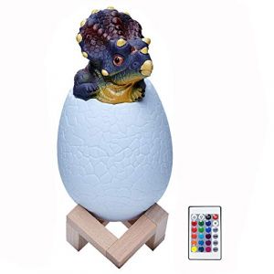 Lampe Dinosaure -USB Rechargeable veilleuse enfant, 16 couleurs oeuf de dinosaure jouet avec 4 modes et base en bois, lampe 3d dinosaure cadeau enfant (Excemilin, neuf)