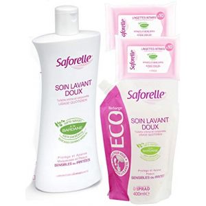 Soin Lavant Doux Saforelle - Hygi&egrave;ne intime et corporelle : Prot&egrave;ge et Apaise les peaux sensibles ou irrit&eacute;es - Flacon de 500ml + ECOrecharge 400ml + 2 Paquets lingettes (ParapharmaQuiet, neuf)