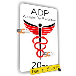 SC ® - Sticker / Autocollant - Caducée ADP - Auxiliaire de Puériculture - Date Personnalisable - Type de pose Vitrophanie* (se colle sur le pare-brise à l'intérieur du véhicule) (S-C, neuf)
