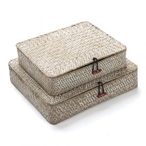 Paniers pour étagères Rectangulaires avec Couvercle Rotin Panier de Rangement en Jonc De Mer 2 Pièces (Whitewash Grand + Petit) (DOKOT DESIGN CO., LTD, neuf)