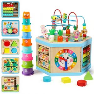 jacootoys Cube d'Activité en Bois, Table d'Activité en Bois 7-en-1 Centre éducatif Labyrinthe de Perles Jouet de Triage pour Enfants Bébés Garçons Filles (Joqutoys, neuf)
