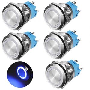 GUNGY Bouton Poussoir Momentané 19mm Interrupteur Poussoir 12V-24V 3A Etanche Interrupteur à Bouton-poussoir en Laiton Chromé avec Lumière LED Anneau Bleu 5 Pièces (Aprilbee, neuf)