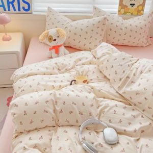 Michorinee Housse de Couette 200x200 Beige Motif Feuilles Lavande Mauve Rose à rayures Parure de Lit Adulte 110g/m² Microfibre Fleurie Linge de Lit Romantique Fermeture Éclair et Taie d'Oreiller 65x65 (AShanlan, neuf)