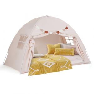 COSTWAY Tente de Lit Enfant avec 2 Fen&ecirc;tres et Drapeaux, Tente de Jeux Enfant en Tissu Bross&eacute; Lavable en Machine, Cabane Int&eacute;rieure pour Gar&ccedil;ons et Filles de 3 Ans+, 201x100x122cm (Beige) (FDS GmbH, neuf)