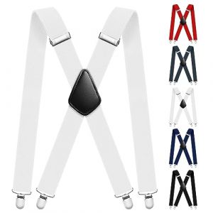 Aomig Bretelles Homme Larges Réglable 4 Clips, Bretelles Extra Larges en X pour Hommes avec Pinces Blanc et Tissu Épais - 3.5 cm (OODDH, neuf)