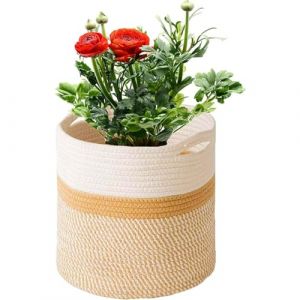 KMERCE Grand Pot de Fleurs Tressé, Cache Pot Plante Interieur, Panier à Plantes en Corde de Coton pour décoration Intérieure, Panier de Rangement pour Jouets, Vêtements - Diamètre 25cm (Blanc+Jaune) (Slton, neuf)