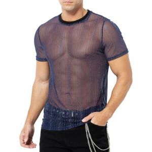 Casey Kevin Tee Shirt Transparent Homme Chemise Paillette T-Shirt Resille Tenue Sexy Homme Respirant T-Shirt Glitter Festival Clubwear Transparent Haut en Gaze (Casey-Kevin, neuf)
