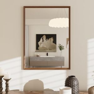 WEER Miroir Salle de Bain 50 x 70 cm, Cadre Polym&egrave;re Miroir Mural Rectangulaire &agrave; Effet Bois, D&eacute;cor Vintage Marron &Eacute;tanche pour Salle de Bain, Chambre, Salon, Suspendre Horizontale ou Verticale (WEER-US, neuf)