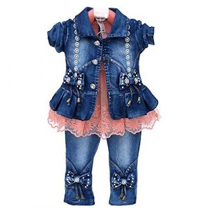 Printemps Automne b&eacute;b&eacute; Filles Ensemble de v&ecirc;tements 3 pi&egrave;ces t-Shirt &agrave; Manches Longues Veste en Jean et Jean (Orange, 2-3 Ans) (LittleWish, neuf)