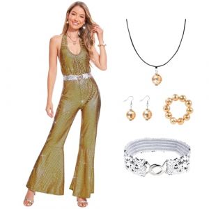 Aragallant Deguisement Disco Femme, Tenue Disco Femme Annee 70 Paillette, Costume Disco Femme, Combinaison Disco à Paillettes, Accessoires Disco, Costume Carnaval Femme pour Performance (jaune, L) (Aragallant Etrade, neuf)