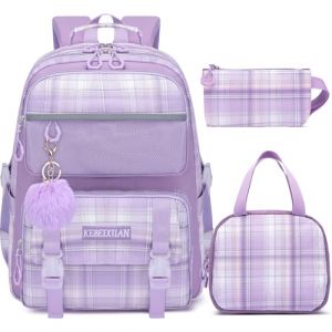 KEBEIXUAN Cartable Fille Primaire, 3 Pi&egrave;ces Kawaii Sac &agrave; Dos Scolaire L&eacute;ger et Respirant avec Trousse et Sac Repas pour Filles 6-12 Ans (CP au CM2), Violet (MY-XYX, neuf)
