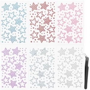 YAWYO Lot de 6 bijoux de visage autocollants, Strass visage pour festivals avec pince &agrave; &eacute;piler, &Eacute;toiles adh&eacute;sives pour cheveux, yeux et corps (Argent, Argent Laser, Bleu, Rose, Violet, Rouge) (YUQIX, neuf)