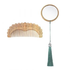 VALICLUD 1 Ensemble Miroir et Peigne Bois Sculpté Kit de Maquillage Portable avec Miroir Rond pour Voyage et Anniversaire (Sudersana, neuf)