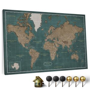 CANVASCALE Carte du monde en toile avec tableau d'affichage en liège - Labels en anglais - Décoration murale décorative pour toutes les pièces - Tableaux sur toile (150x100 cm, Motif 4) (canvascale_maps, neuf)