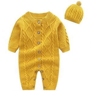 amropi Nouveau-n&eacute; B&eacute;b&eacute; Tricot Barboteuse avec Bonnet Combinaison Manches Longues Tenue Ensemble 12-18 Mois,Jaune (YunBao Footwear Trade, neuf)